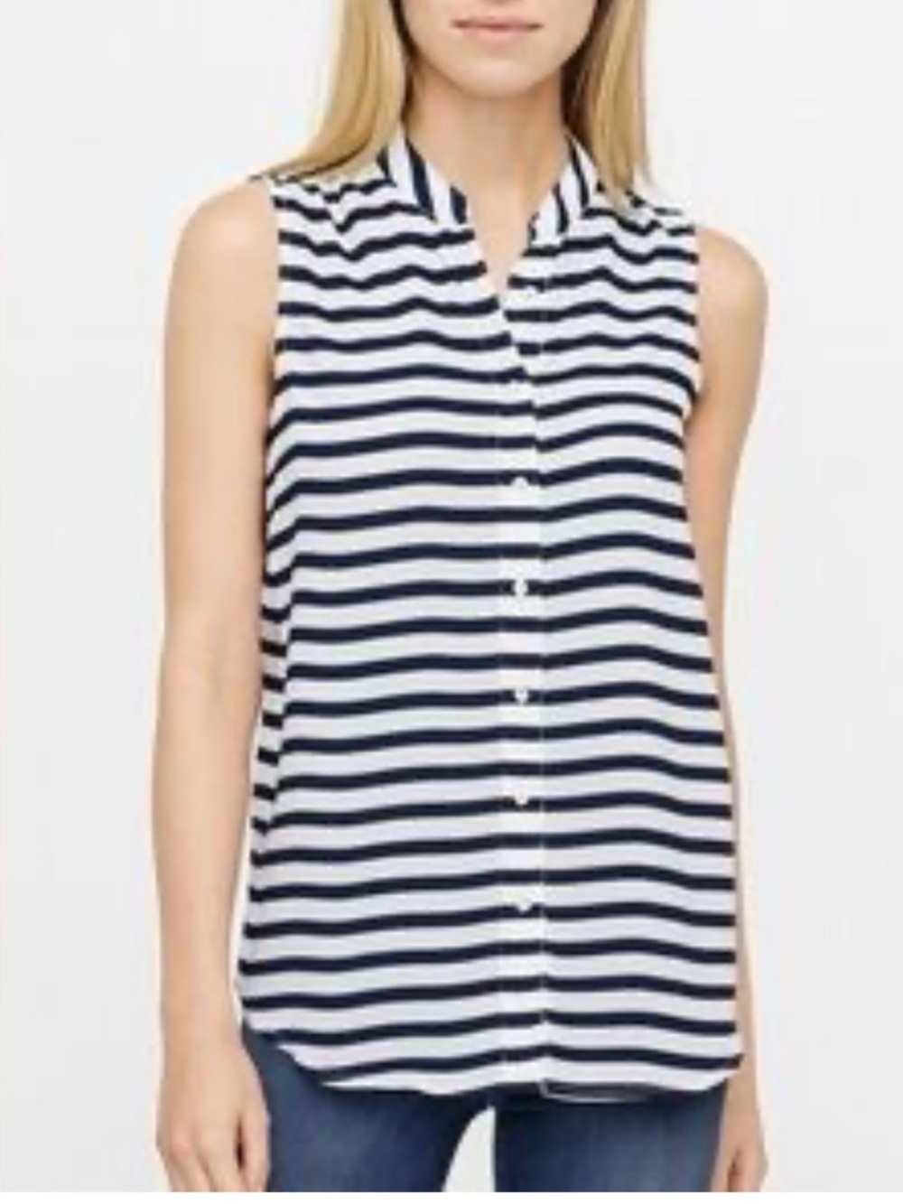 J. Crew Navy and White Striped Sleeveless Button-Up Blouse